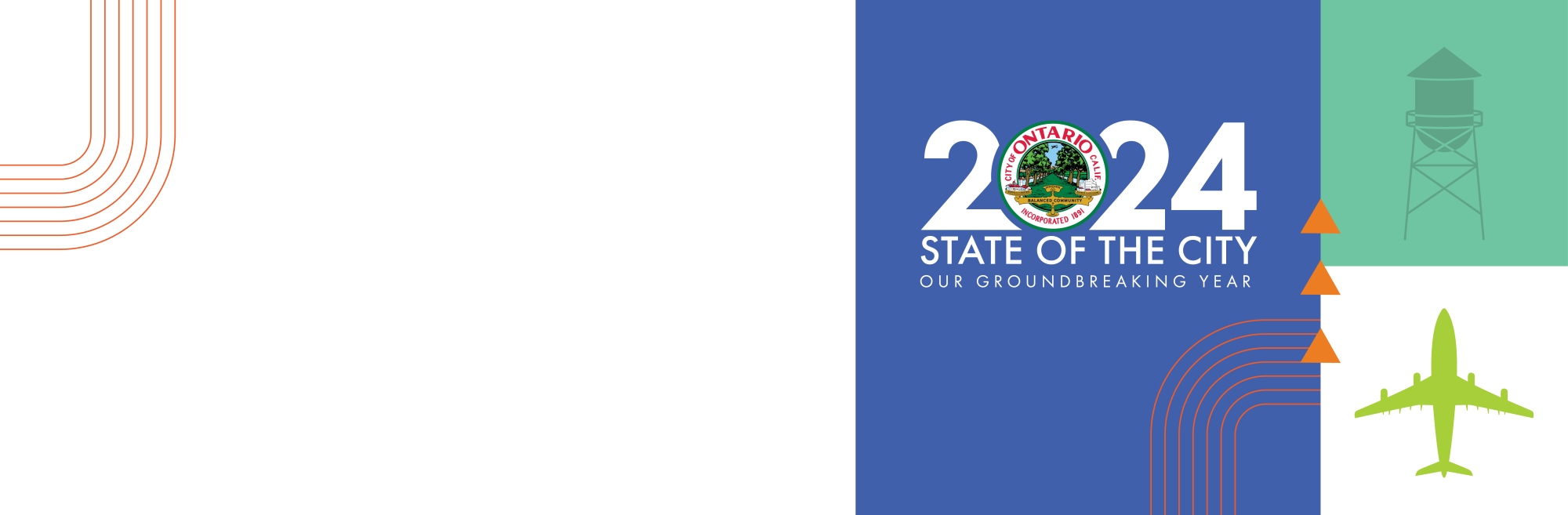 Blue background with text: "2024 State of the City Our Groundbreaking Year"