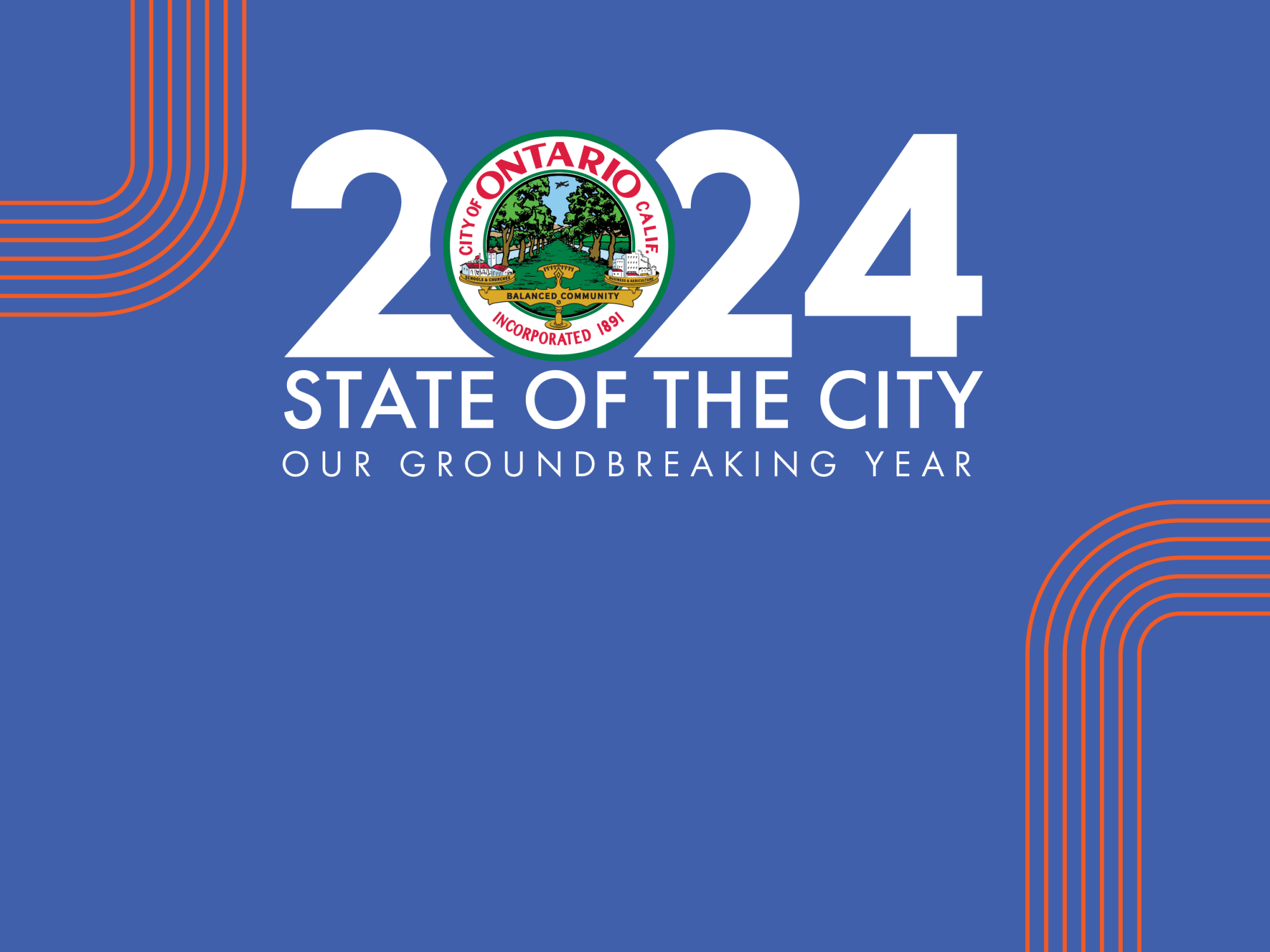 Blue background with text: "2024 State of the City Our Groundbreaking Year"