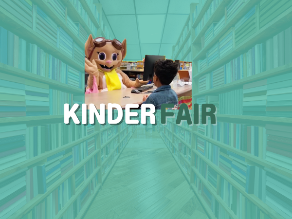 blue background with text: "Kinder Fair". Picture of Charlie the bat talking with someone