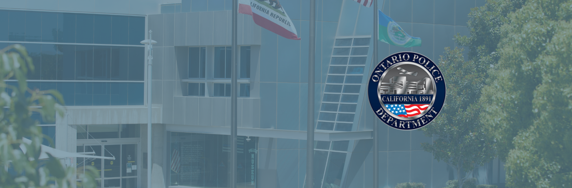 background of the Ontario Police Department exterior building, blue transparent overlay, OPD official seal