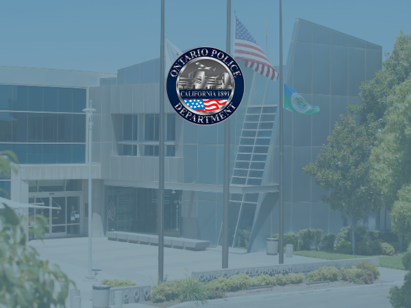 background of the Ontario Police Department exterior building, blue transparent overlay, OPD official seal